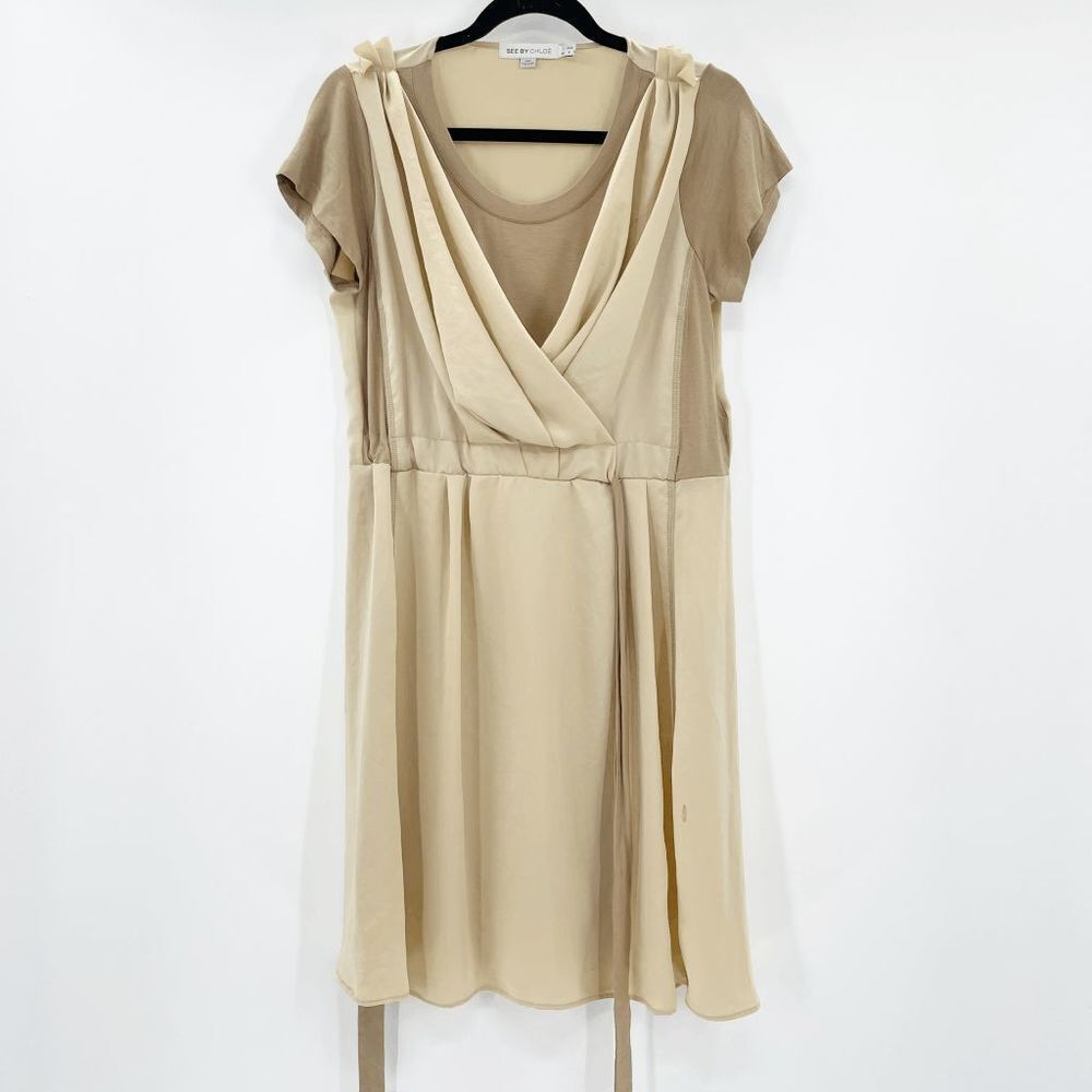 See By Chloe Two Tone Mini‎ Dress Women's Size 6 Tan Surplice Drapey